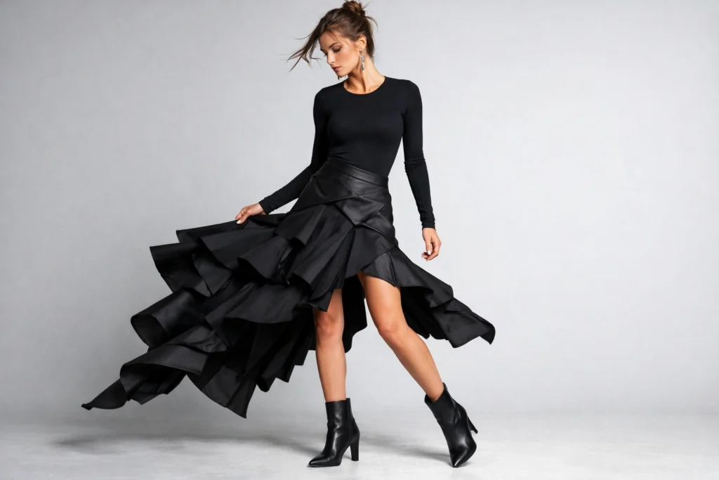 Asymmetrical Skirt with Fitted Long-Sleeve Top