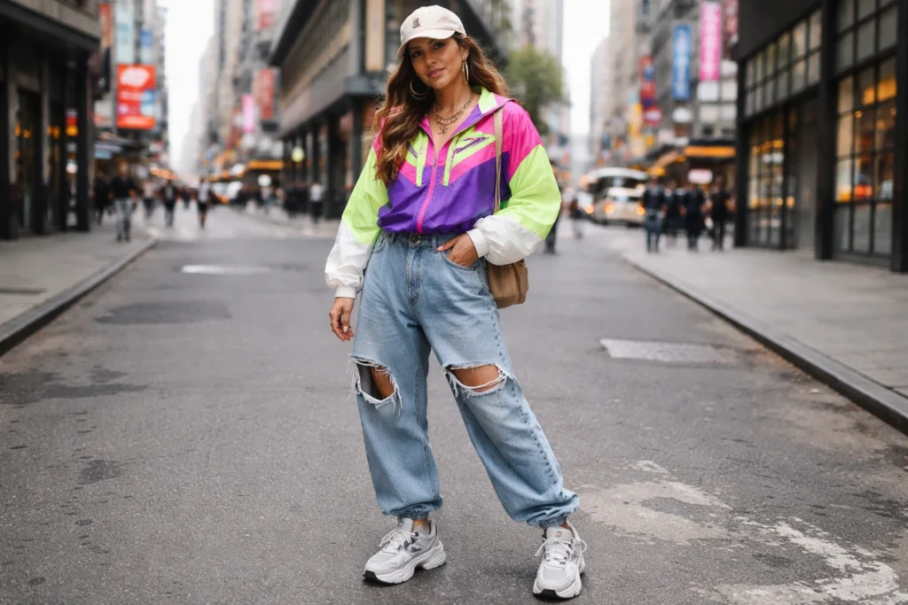 Colorful Windbreaker with Baggy Jeans