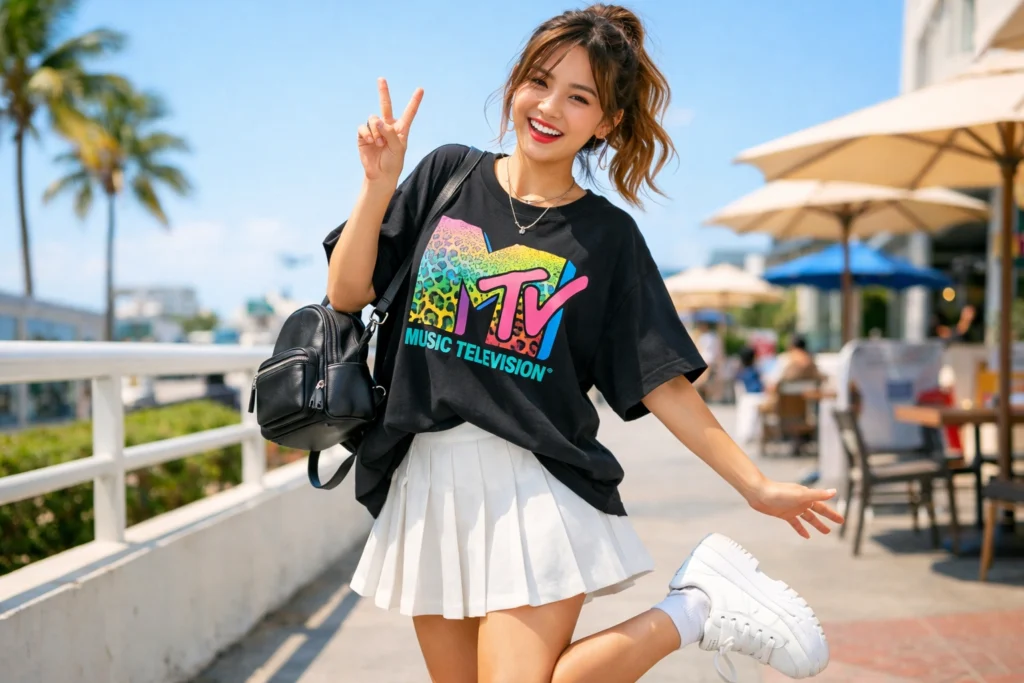 Graphic Logo Tee with Pleated Mini Skirt