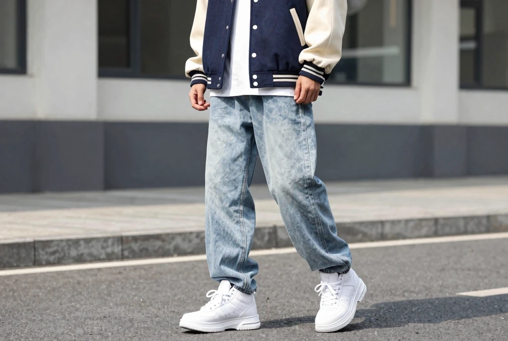 Baggy Light-Wash Jeans With a Varsity Jacket Y2K Revival Energy