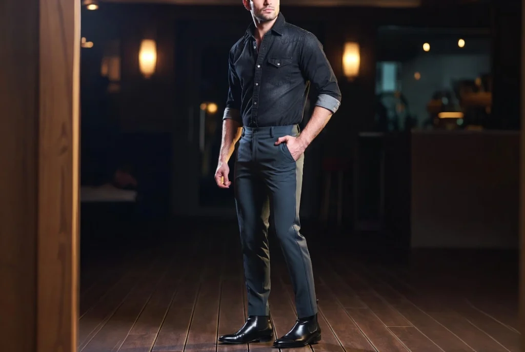 Black Denim Shirt With Charcoal Slim Trousers Evening Sharpness