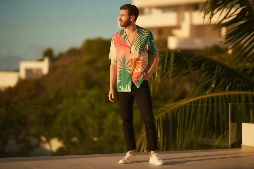 Black Jeans and a Printed Camp Collar Shirt Resort Cool