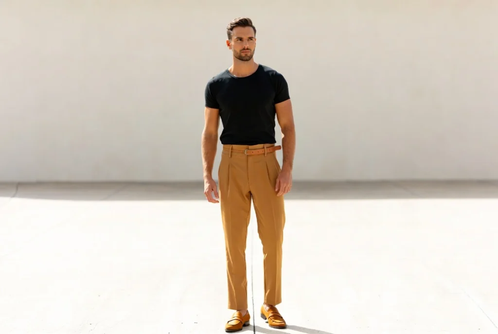 Black Tee Tucked Into High-Rise Trousers Sharp Casual Authority