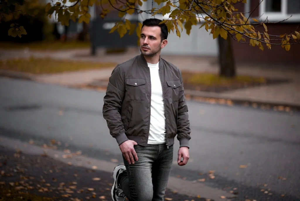 Bomber Jacket and Dark Wash Baggy Jeans