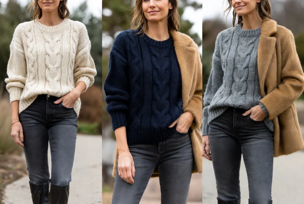 Cable-Knit Sweater and Jeans