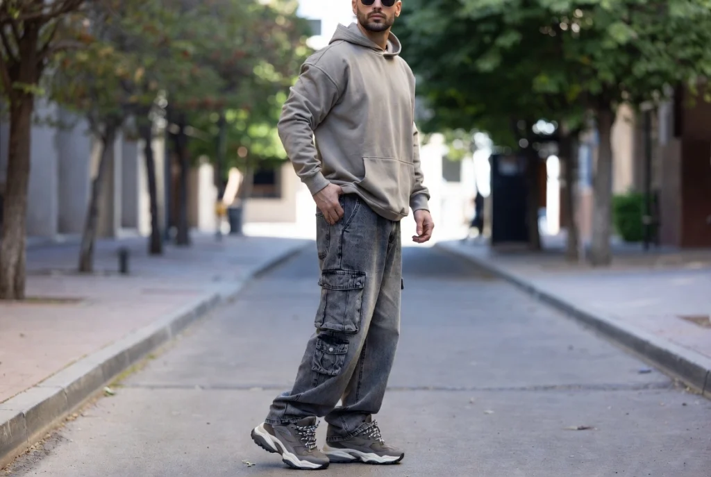 Cargo Pockets Baggy Jeans and Plain Hoodie