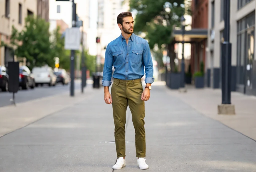 Classic Medium Wash Denim Shirt With Khaki Chino Mastery