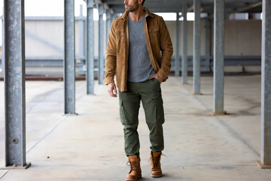Corduroy Shirt As Overshirt With Cargo Pants Rugged Utility