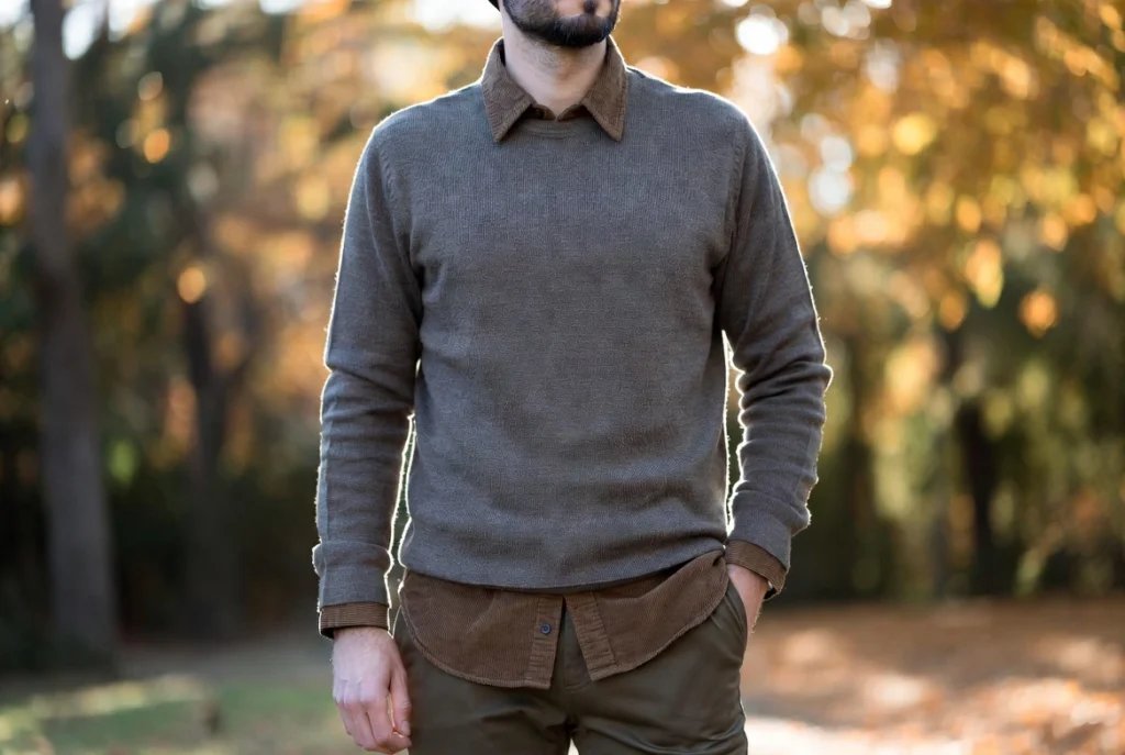 Corduroy Shirt Layered Under Crew Neck Sweater Autumn Texture
