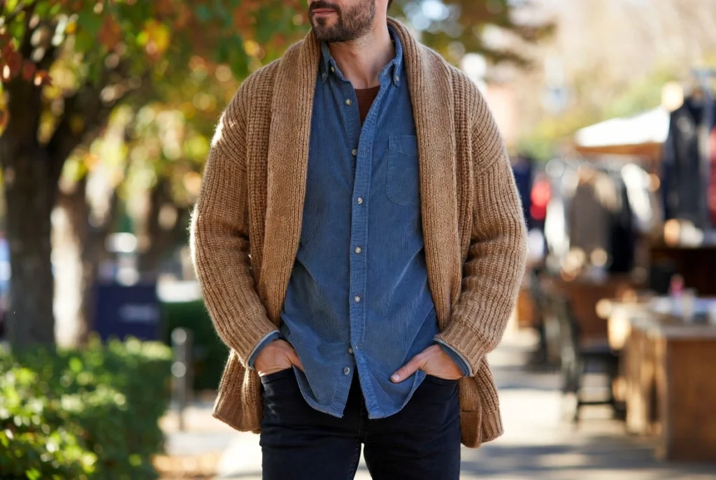 Corduroy Shirt With Chunky Knit Cardigan Layered Weekend Comfort