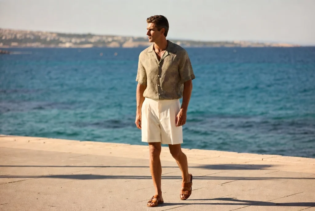 Cuban Collar Shirt and Neutral Shorts Mediterranean Mastery