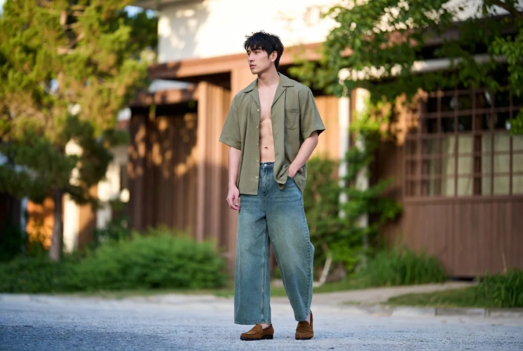 Cuban Collar Shirt and Wide Leg Jeans