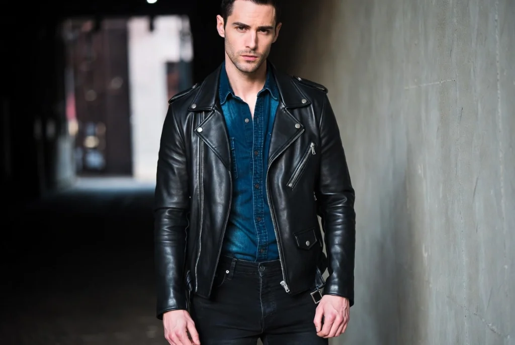 Dark Denim Shirt With Black Leather Jacket Edge