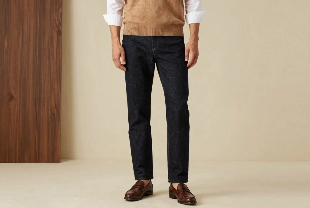 Dark Jeans and a Knit Vest Over a Collared Shirt Layered Smart-Casual Mastery