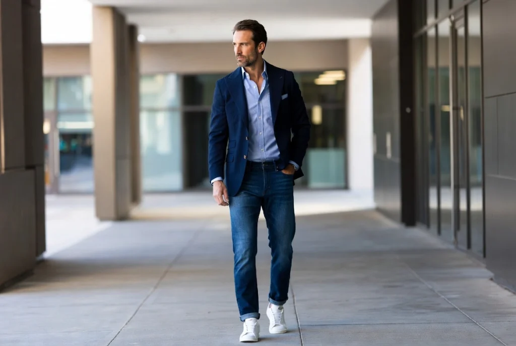 Dark Jeans and a Tailored Blazer Smart-Casual Office Authority