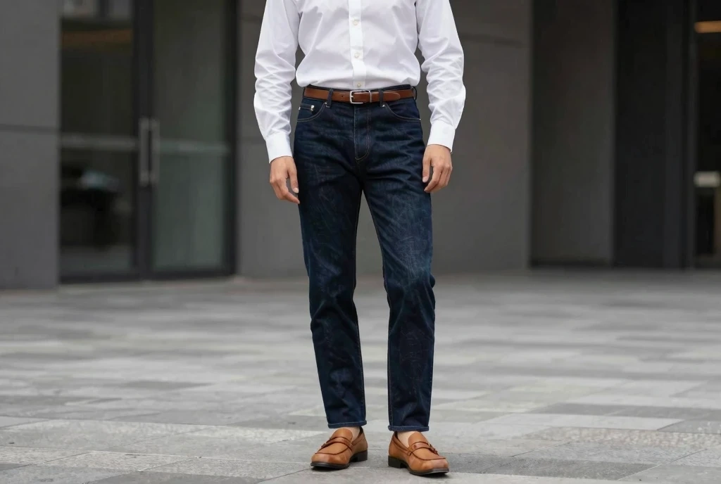 Dark-Wash Slim Jeans With a Crisp White Oxford Shirt Sophistication