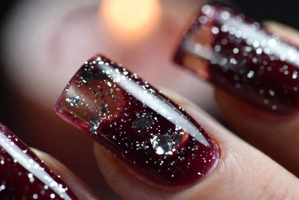Deep Burgundy Glitter Snow Globe Nails