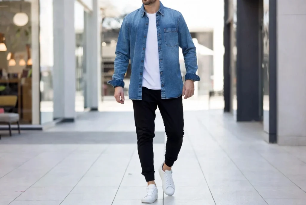 Denim Shirt As Overshirt With Fitted Jogger Athleisure Balance