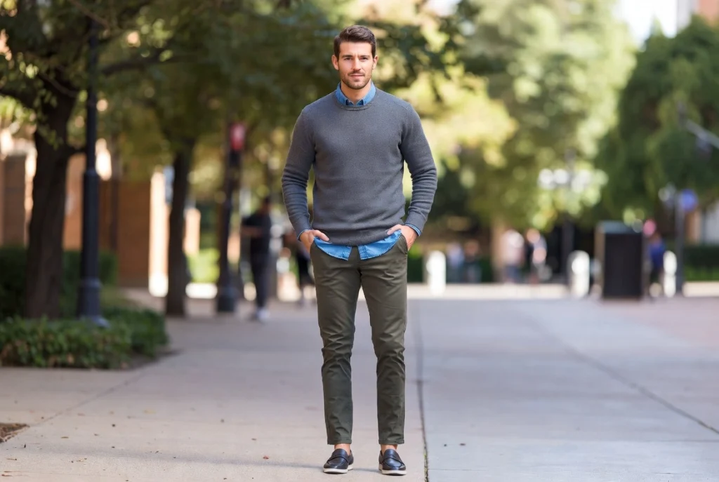 Denim Shirt Layered Under Crew Neck Sweater Collegiate Texture