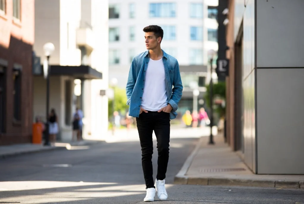 Denim Shirt Over White Crew Tee Street Ready Layering