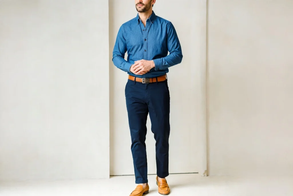 Denim Shirt Tucked Into Tailored Chinos Smart Casual Precision