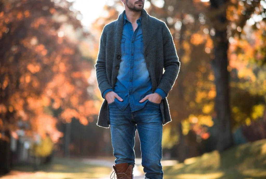 Denim Shirt Under Grey Shawl Cardigan Autumn Sophistication