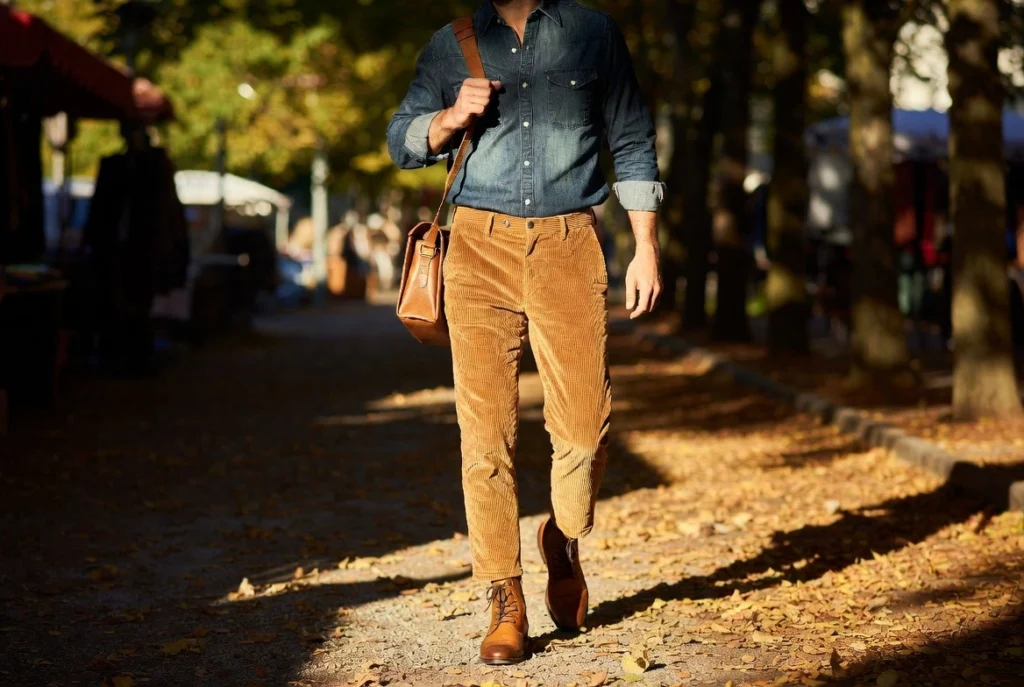 Denim Shirt With Corduroy Trousers Autumn Texture Richness