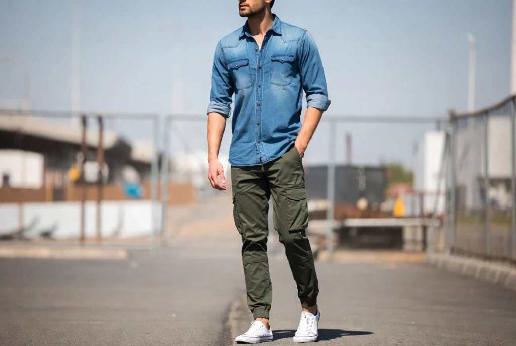 Denim Shirt With Olive Cargo Pants Utility Appeal