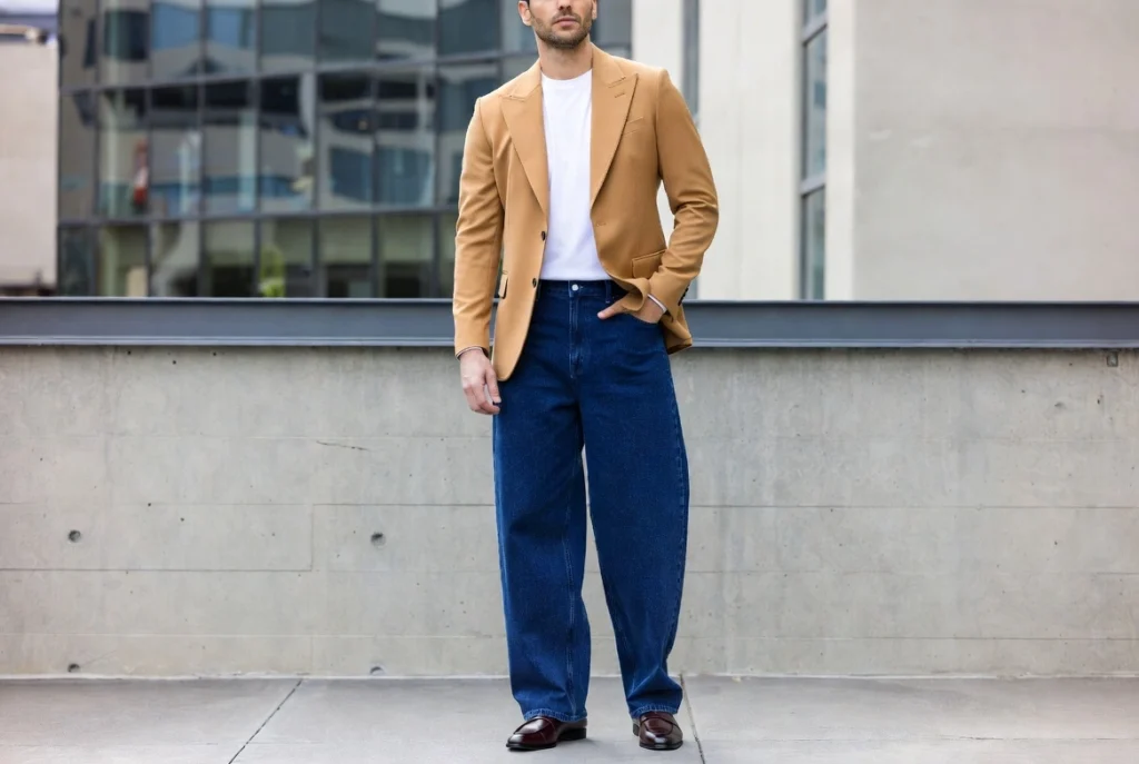 Fitted Blazer and Indigo Baggy Denim