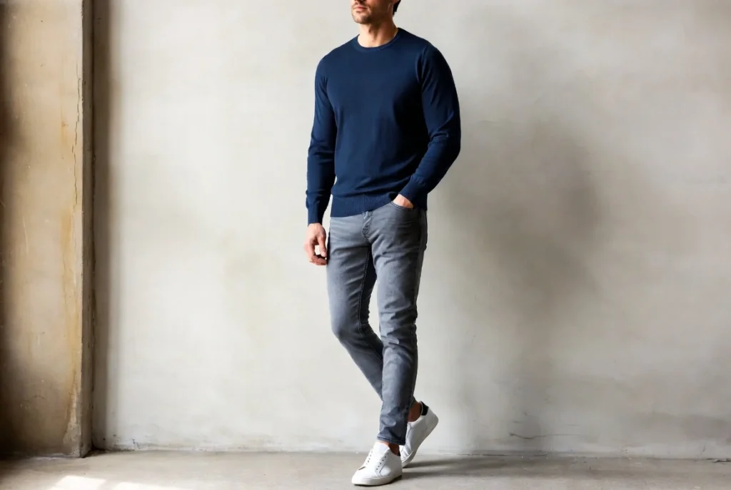 Grey Jeans and a Classic Navy Crewneck Understated Versatility