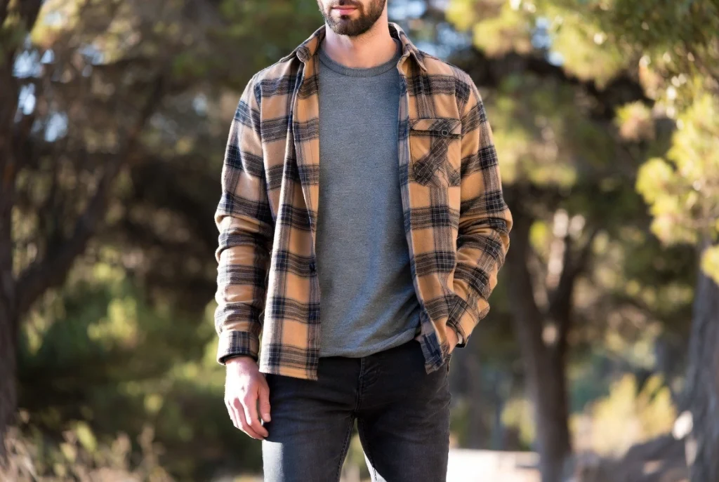 Grey Marl Tee Under Open Flannel Shirt Casual Layering Depth