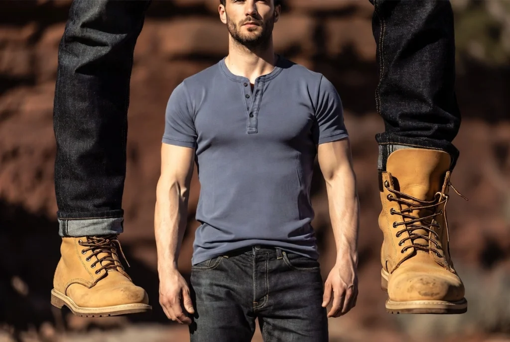 Henley Tee With Raw Denim And Leather Boots Heritage Ruggedness