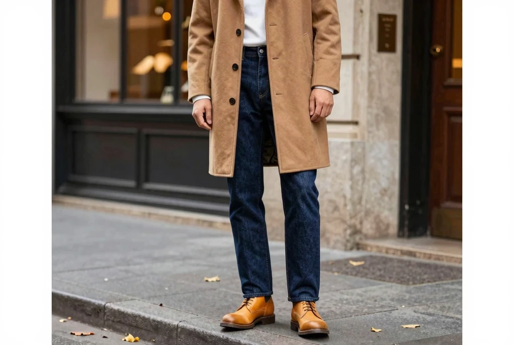 Indigo Straight Jeans With a Camel Topcoat Autumn Polish