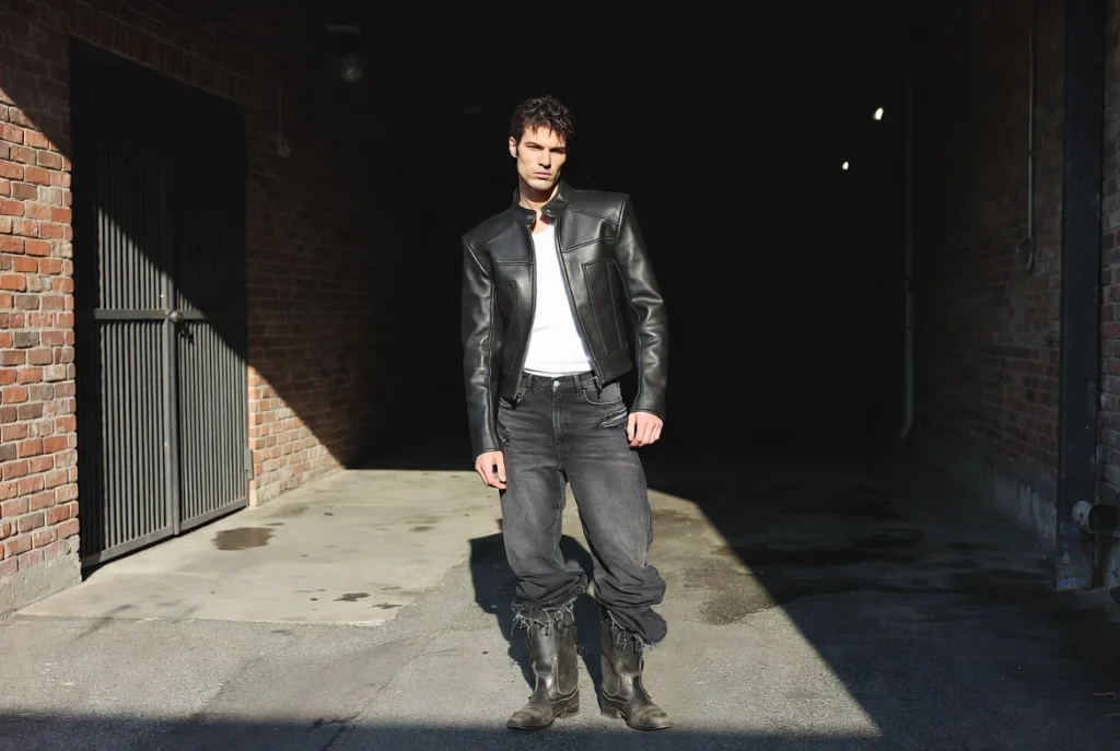Leather Jacket and Distressed Baggy Jeans