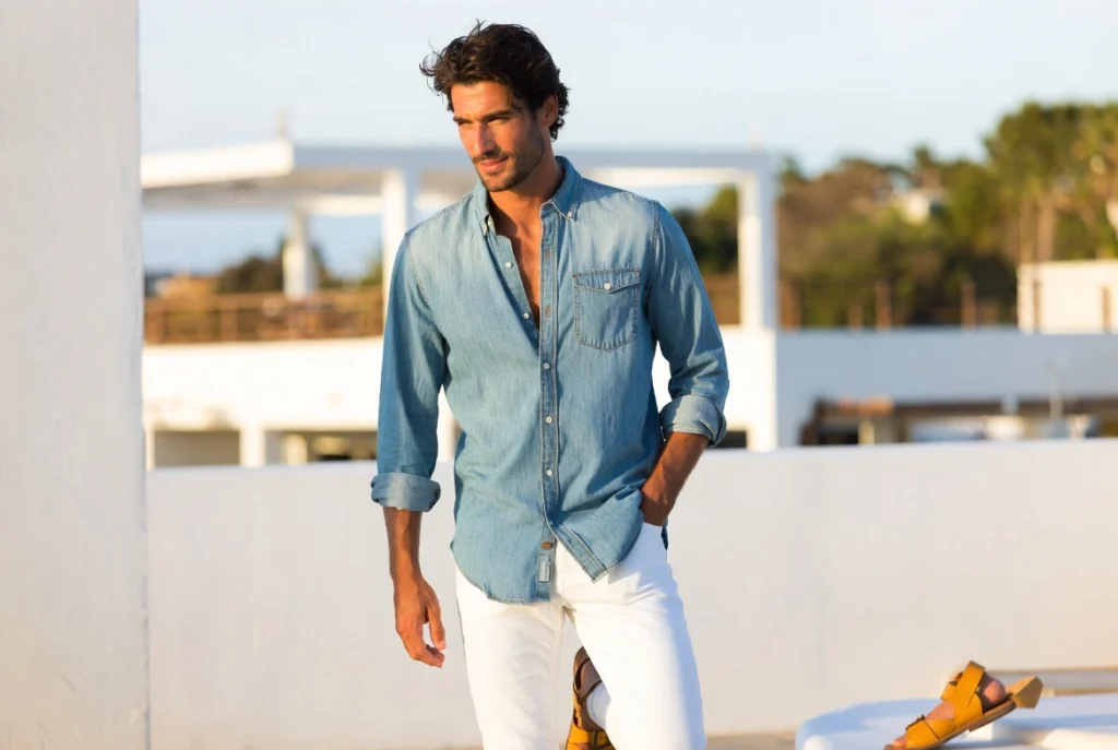 Light Wash Denim Shirt With White Jeans Mediterranean Ease
