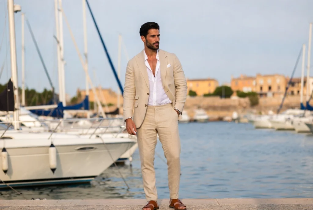Lightweight Linen Suit With an Open Collar Refinement