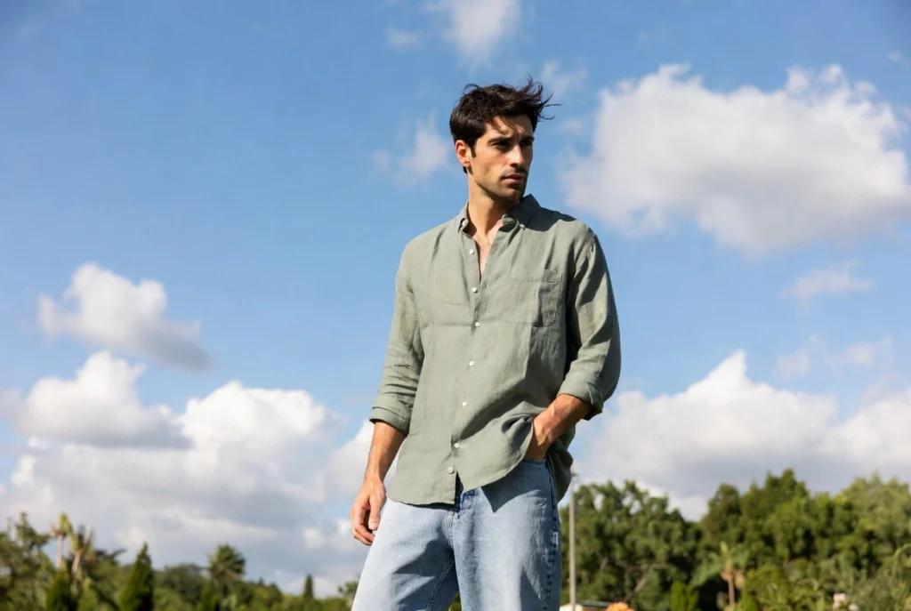 Linen Shirt and Light Wash Baggy Jeans