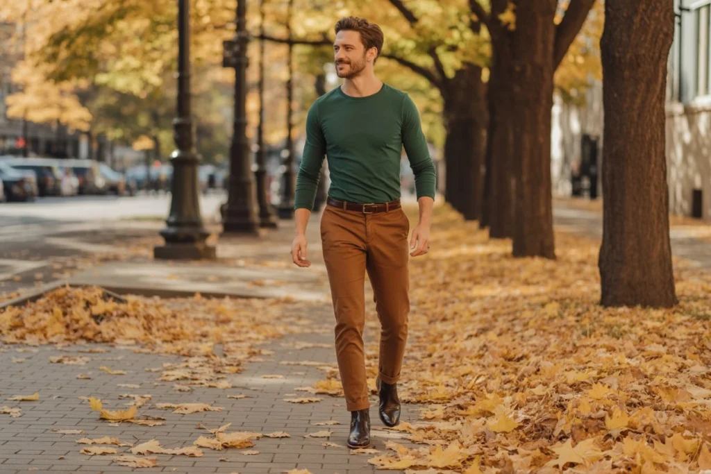 Long Sleeve Tee With Chinos And Boots Autumn Casual Warmth
