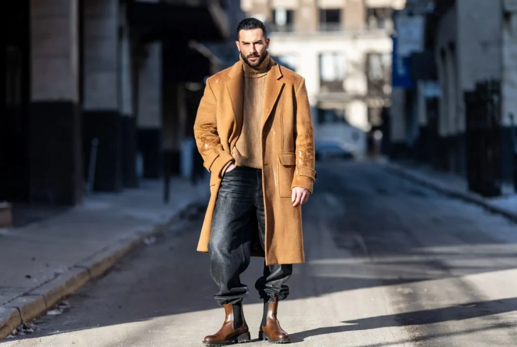 Long Wool Overcoat and Dark Baggy Denim