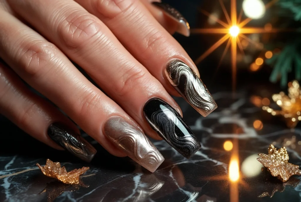 Molten Metallic Nails with Holiday Drama