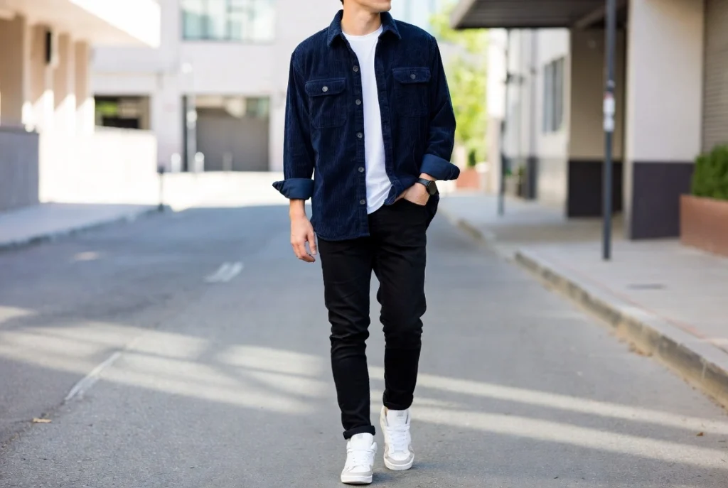 Navy Corduroy Shirt Over White Tee Street Style Confidence