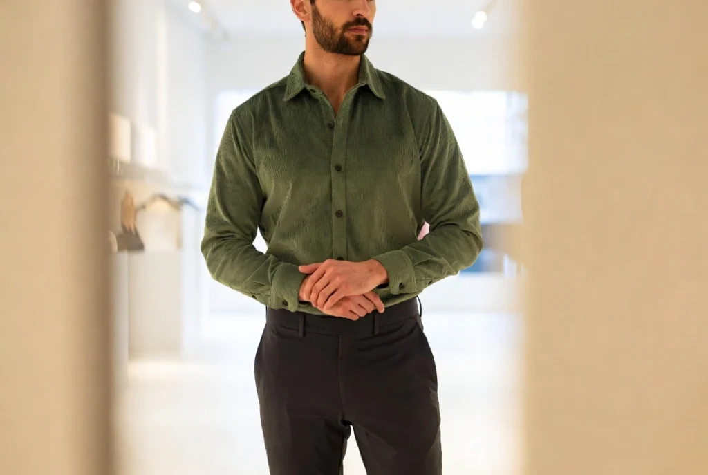 Olive Corduroy Shirt Tucked Into Tailored Trousers Smart Polish