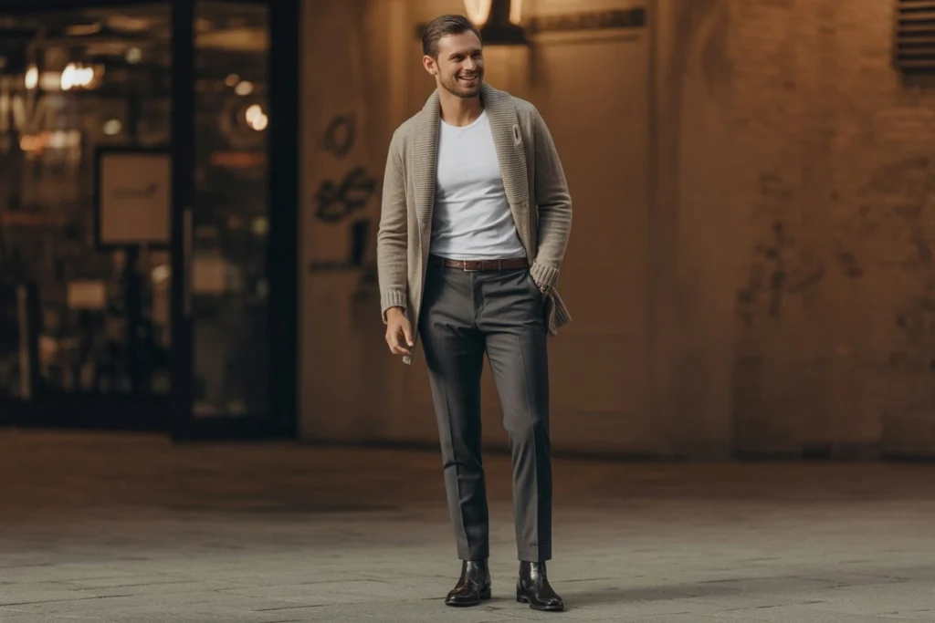 Plain Tee Under Shawl Cardigan With Slim Trousers Layered Sophistication
