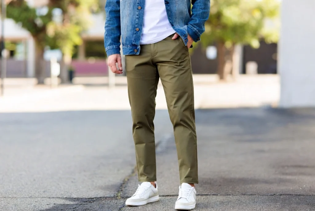 Plain White Tee Under Denim Jacket With Chino Trousers Triple Texture Play