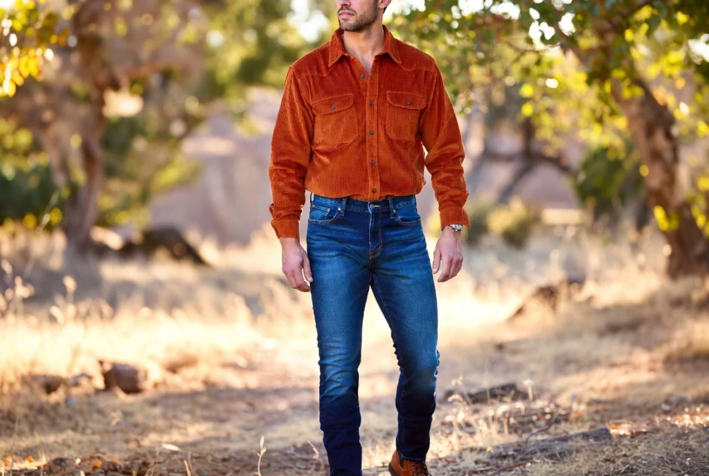 Rust Corduroy Shirt With Dark Denim Heritage Warmth