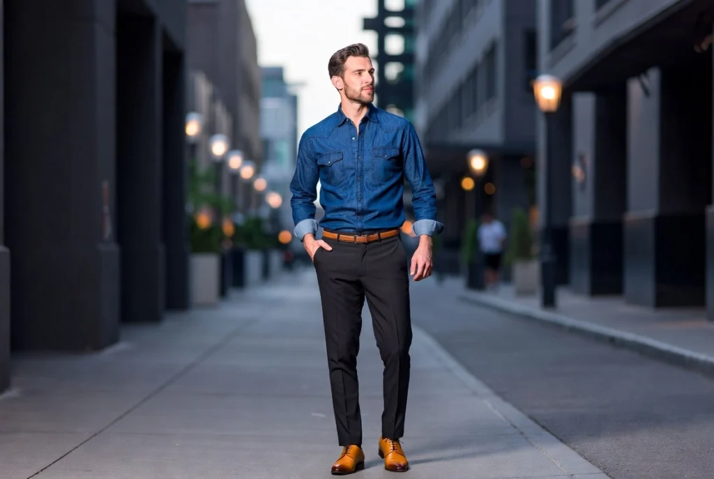 Sharp Navy Denim Shirt With Dark Trouser Authority