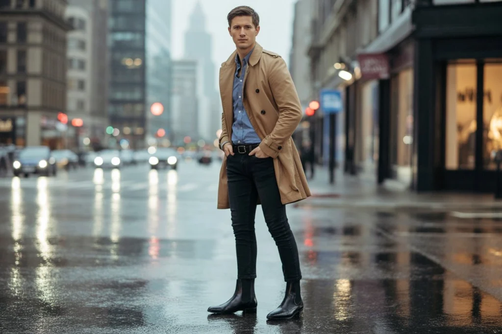 Slim Jeans With a Trench Coat and Chelsea Boots City Sophistication