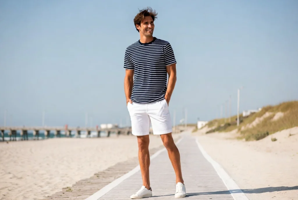 Striped Tee With White Shorts Clean Summer Weekend Look