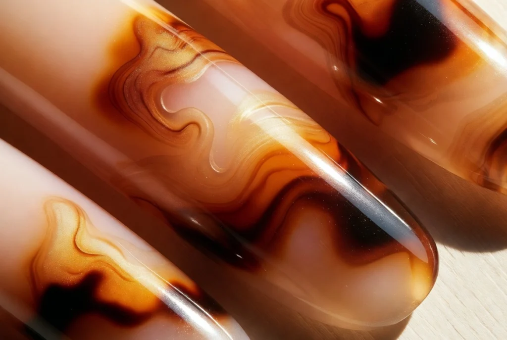 Tortoiseshell Amber and Cocoa Swirl Nails