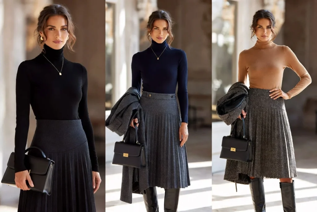 Turtleneck and Pleated Skirt